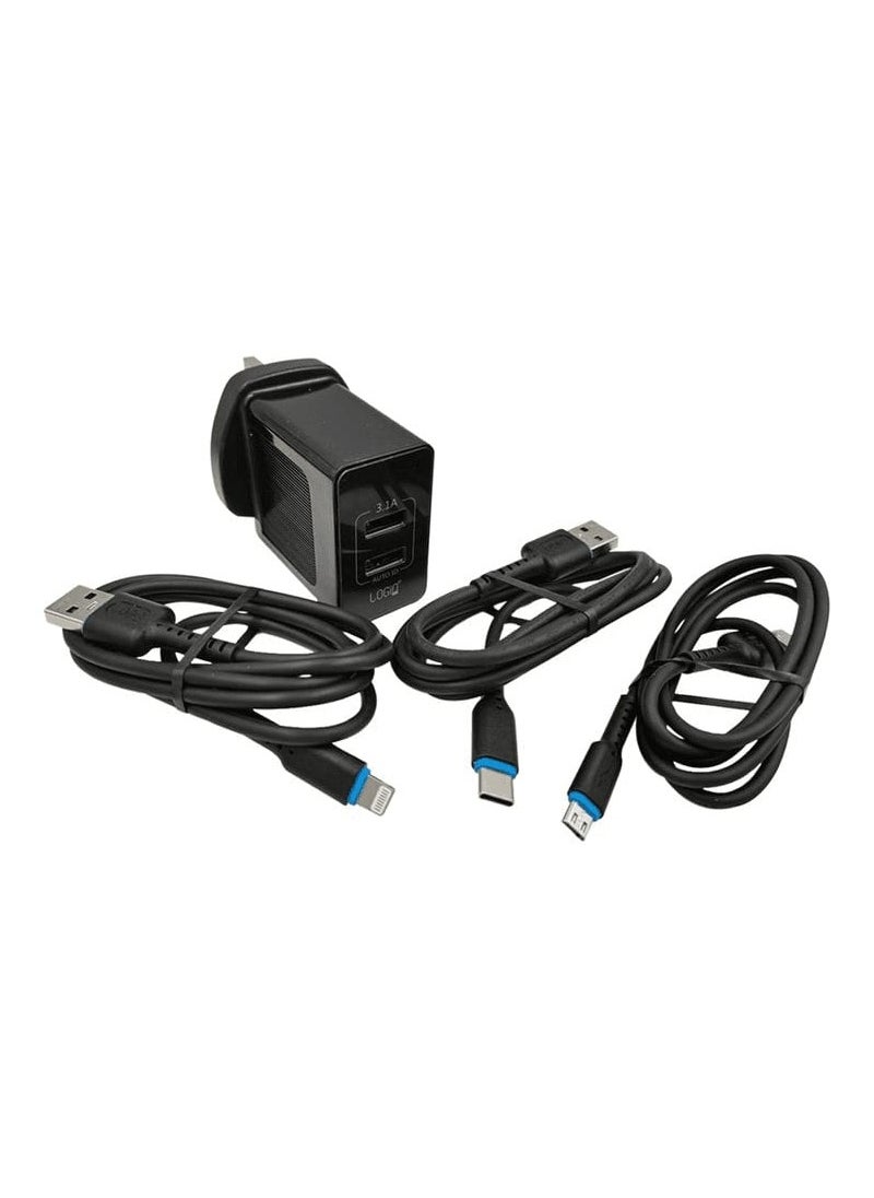 login - LOGIN Fast Charging Charging Adaptor 3 in 1 Lightning ,Micro  and Type-C Travel Data  AC 100-240V DC5V 3.1 2USB Port Flash Charge Color Black LN884HC - Image 1