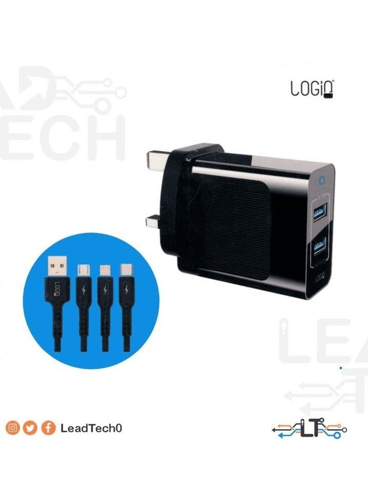 login - LOGIN Fast Charging Charging Adaptor 3 in 1 Lightning ,Micro  and Type-C Travel Data  AC 100-240V DC5V 3.1 2USB Port Flash Charge Color Black LN884HC - Image 1