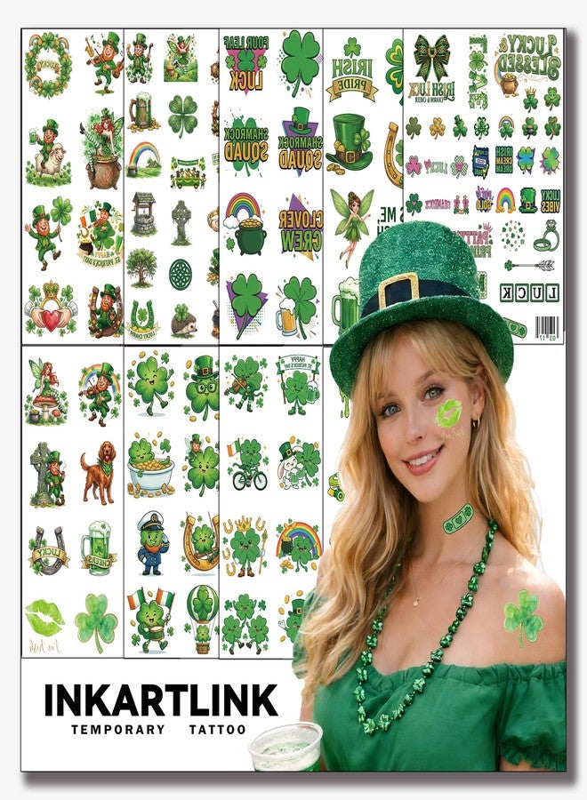 INKARTLINK 9 Sheets St. Patrick’s Day Temporary Tattoos, Shamrock Stickers - Image 1