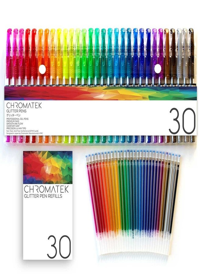 CHROMATEK Glitter Pens 60 Set Best Colors. 200% the Ink: 30 Gel Pens, 30 Refills. Super Glittery Ultra Vivid Colors. No Repeats. Professional Art Pens. New & Improved - Image 1