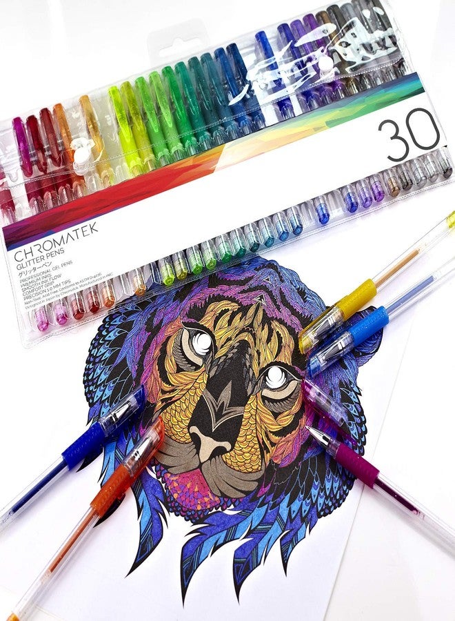 CHROMATEK Glitter Pens 60 Set Best Colors. 200% the Ink: 30 Gel Pens, 30 Refills. Super Glittery Ultra Vivid Colors. No Repeats. Professional Art Pens. New & Improved - Image 2