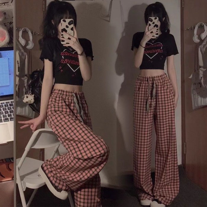 Summer Chic Crop Top  High-Waist Wide-Leg Pants Set Black Top Pink Black Plaid Pants 