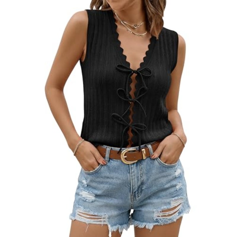 JATEBI Tie Front Crochet Clothes V Neck Summer Tops Sweater Vest Ruffled Sleeveless Hollow Knit Beach Vacation Outfits 2026 - Image 1