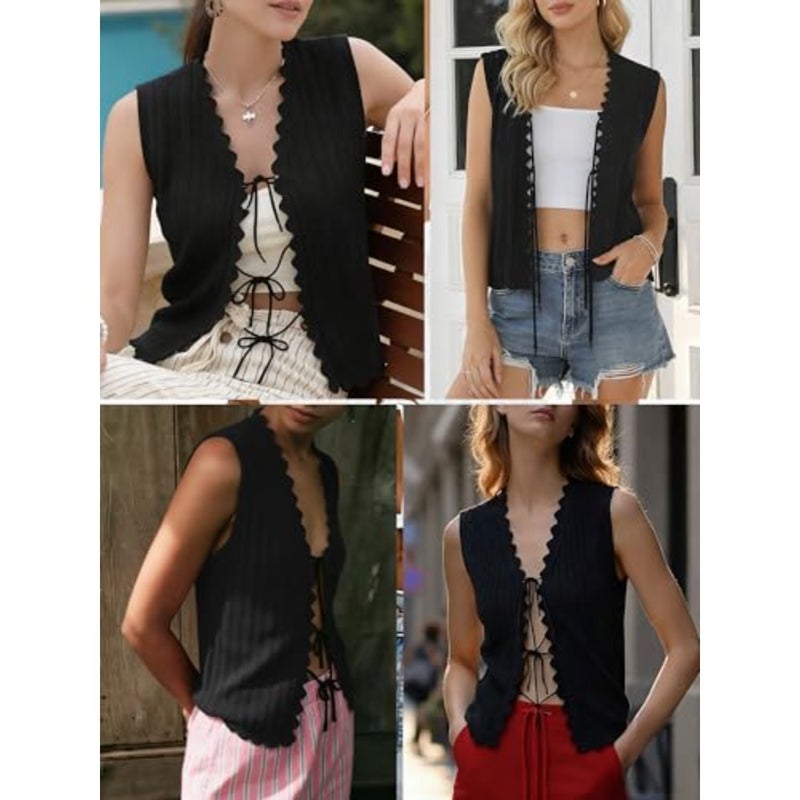 JATEBI Tie Front Crochet Clothes V Neck Summer Tops Sweater Vest Ruffled Sleeveless Hollow Knit Beach Vacation Outfits 2026 - Image 5