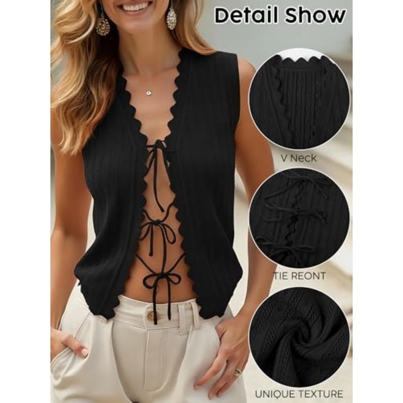 JATEBI Tie Front Crochet Clothes V Neck Summer Tops Sweater Vest Ruffled Sleeveless Hollow Knit Beach Vacation Outfits 2026 - Image 3