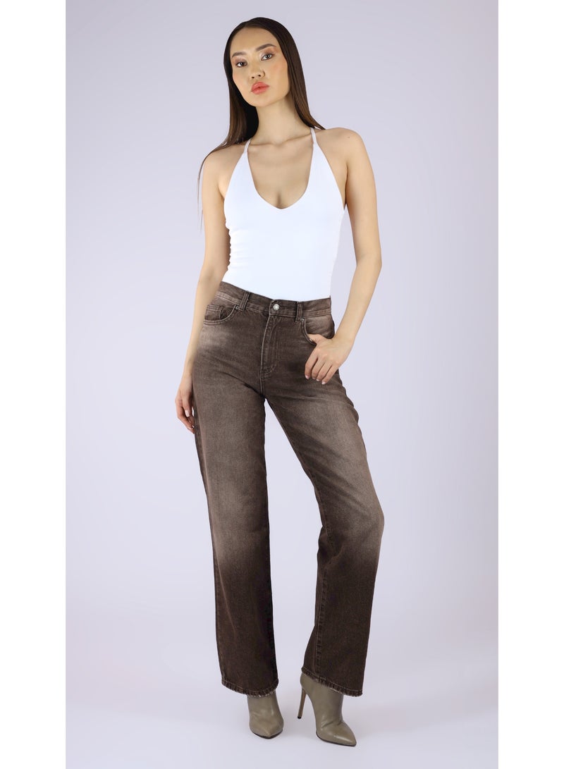 KYVELi Aurora High-Waist Straight Leg Jeans- Brown - Image 1