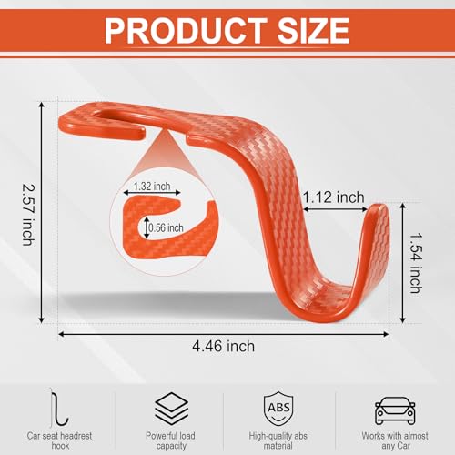 LivTee Car Purse Hook, 4 Pack Universal Auto Seat Headrest Hook Hangers Organizer for Coats, Umbrellas, Groceries - Carbon Fiber Orange - Image 3