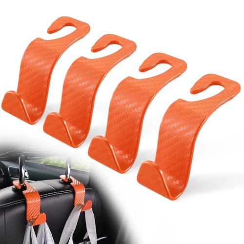 LivTee Car Purse Hook, 4 Pack Universal Auto Seat Headrest Hook Hangers Organizer for Coats, Umbrellas, Groceries - Carbon Fiber Orange - Image 1