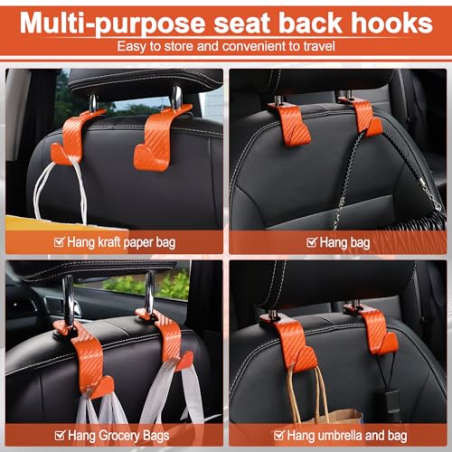 LivTee Car Purse Hook, 4 Pack Universal Auto Seat Headrest Hook Hangers Organizer for Coats, Umbrellas, Groceries - Carbon Fiber Orange - Image 5