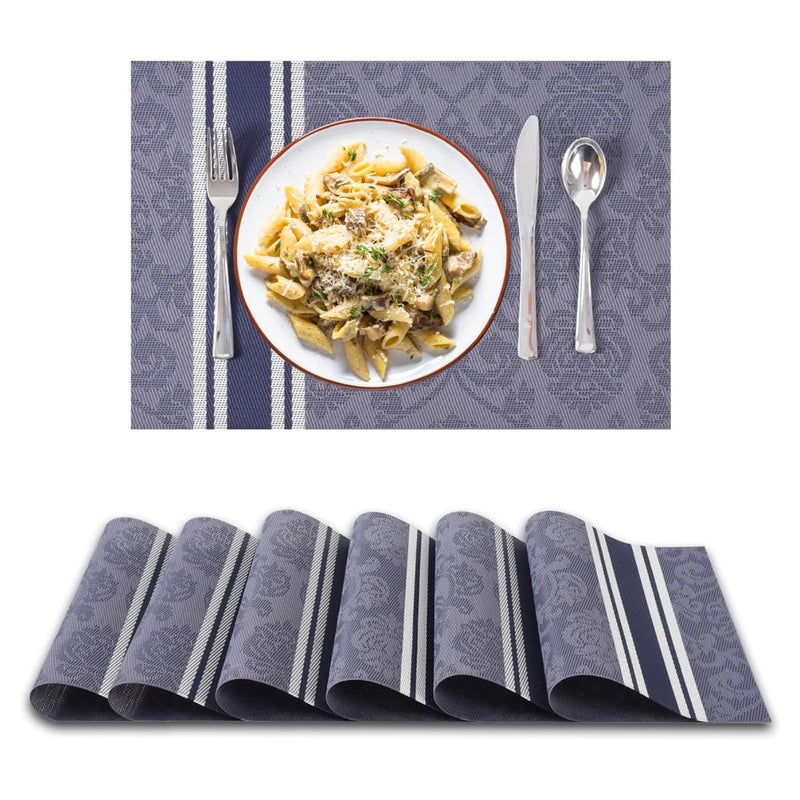 Royalkart PVC Dining Table Mats 6 Pieces Washable Heat Resistant - 45x30 cm (Grey Floral) - Image 1