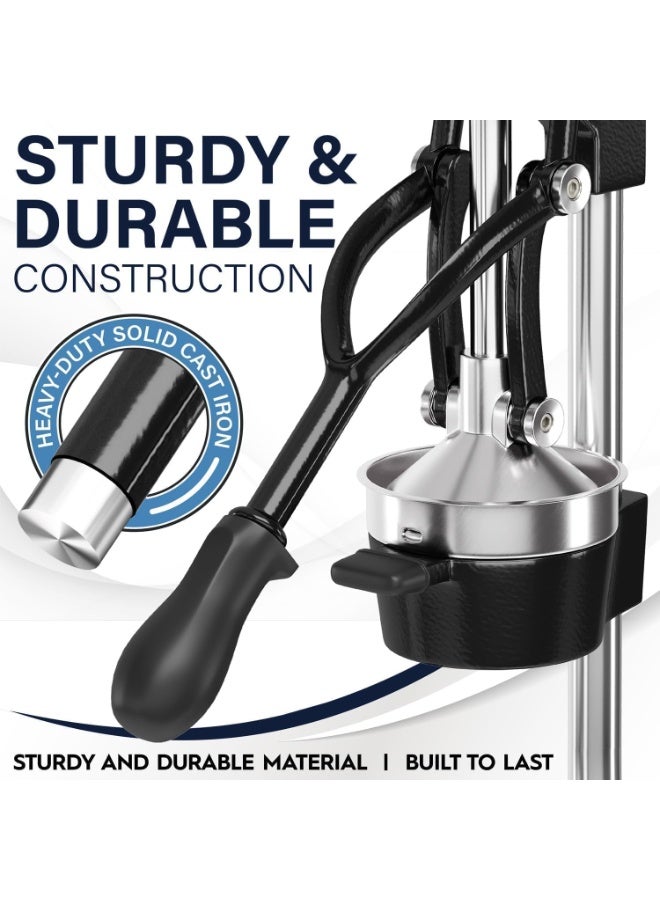 Cast Iron Citrus Juicer, Commercial Grade Manual Hand Press, Countertop Squeezer for Fresh Fruit Juice, Black with Stainless Steel Cup - Image 3