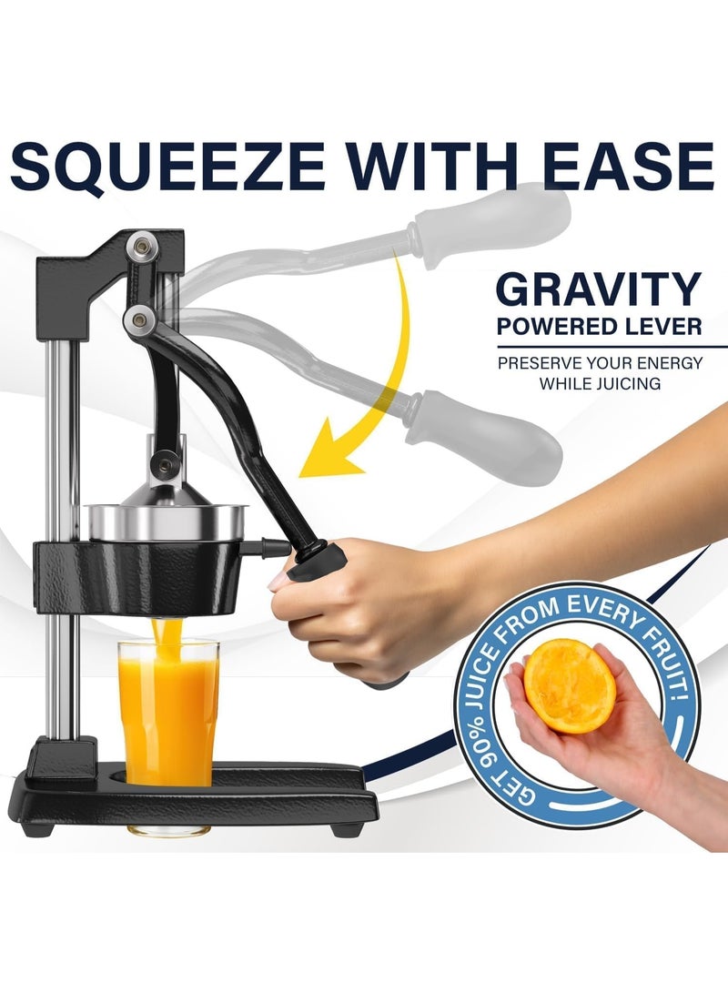 Cast Iron Citrus Juicer, Commercial Grade Manual Hand Press, Countertop Squeezer for Fresh Fruit Juice, Black with Stainless Steel Cup - Image 4