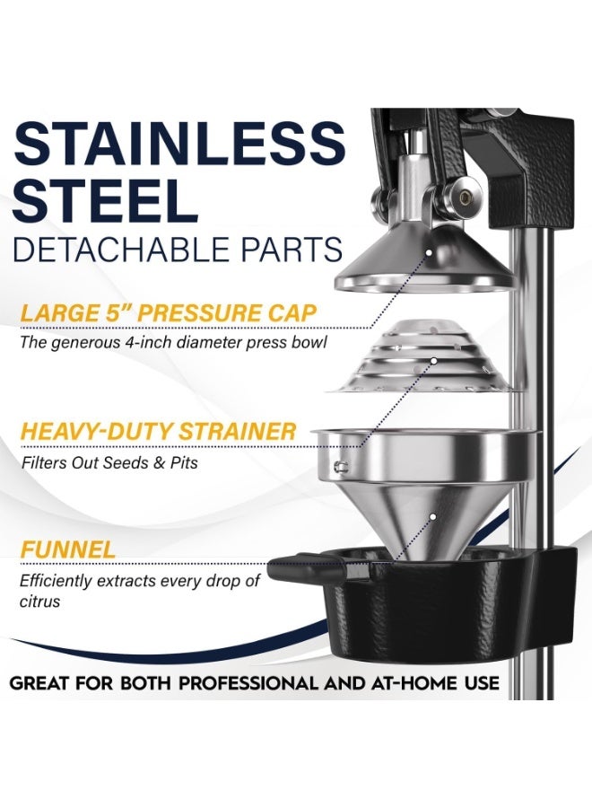 Cast Iron Citrus Juicer, Commercial Grade Manual Hand Press, Countertop Squeezer for Fresh Fruit Juice, Black with Stainless Steel Cup - Image 2
