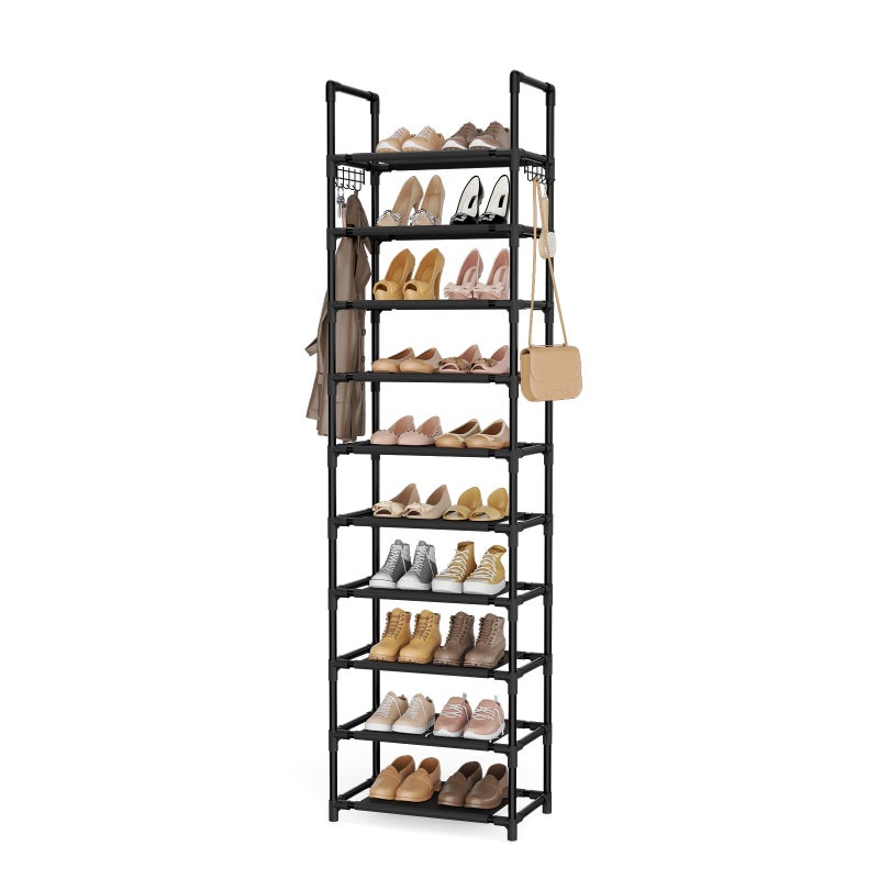 LANTEFUL 10 Tiers Shoe Rack 25 Pairs Large Capacity Tall Shoe Organizer Sturdy Shoe Storage with Two Hooks Space Saving Metal Narrow Shoe Rack for Closet, Entryway, Bedroom, Black - Image 1