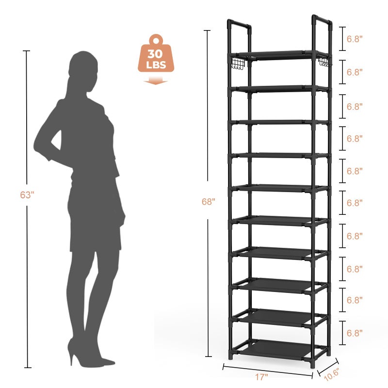 LANTEFUL 10 Tiers Shoe Rack 25 Pairs Large Capacity Tall Shoe Organizer Sturdy Shoe Storage with Two Hooks Space Saving Metal Narrow Shoe Rack for Closet, Entryway, Bedroom, Black - Image 3