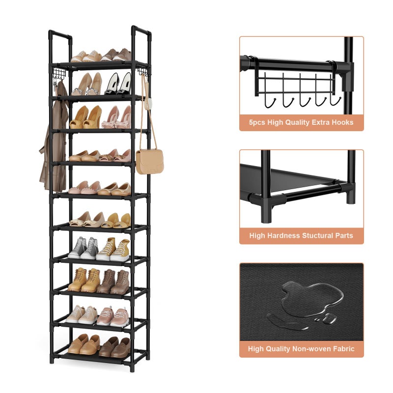 LANTEFUL 10 Tiers Shoe Rack 25 Pairs Large Capacity Tall Shoe Organizer Sturdy Shoe Storage with Two Hooks Space Saving Metal Narrow Shoe Rack for Closet, Entryway, Bedroom, Black - Image 4