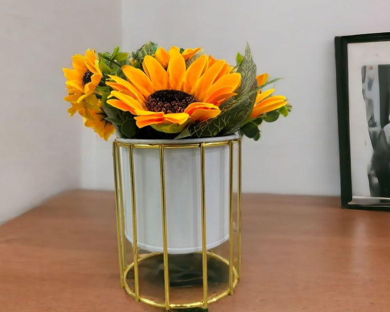 HOME ELEMENTS Tabletop Artificial Sunflowers in Metal Frame Vase for Home Decor Centre Table Showpiece Artificial Flower Pots for Living Room Office New Home Decoration Gift 10x21cm - Image 1