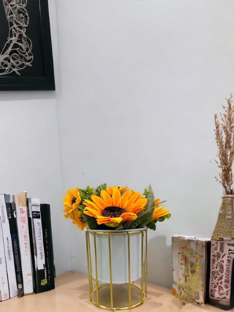 HOME ELEMENTS Tabletop Artificial Sunflowers in Metal Frame Vase for Home Decor Centre Table Showpiece Artificial Flower Pots for Living Room Office New Home Decoration Gift 10x21cm - Image 2