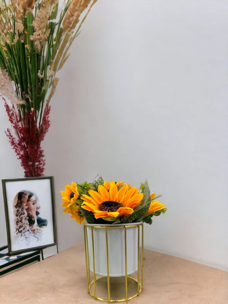 HOME ELEMENTS Tabletop Artificial Sunflowers in Metal Frame Vase for Home Decor Centre Table Showpiece Artificial Flower Pots for Living Room Office New Home Decoration Gift 10x21cm - Image 3