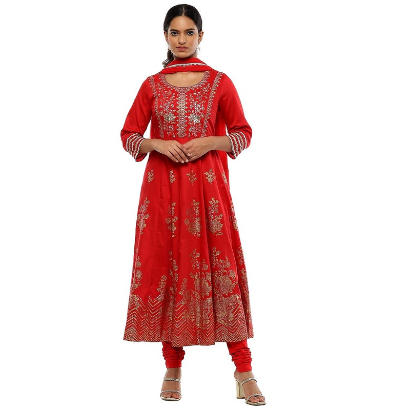Biba Women's Red Polyester Blend Anarkali Suit Set_40 - Image 5