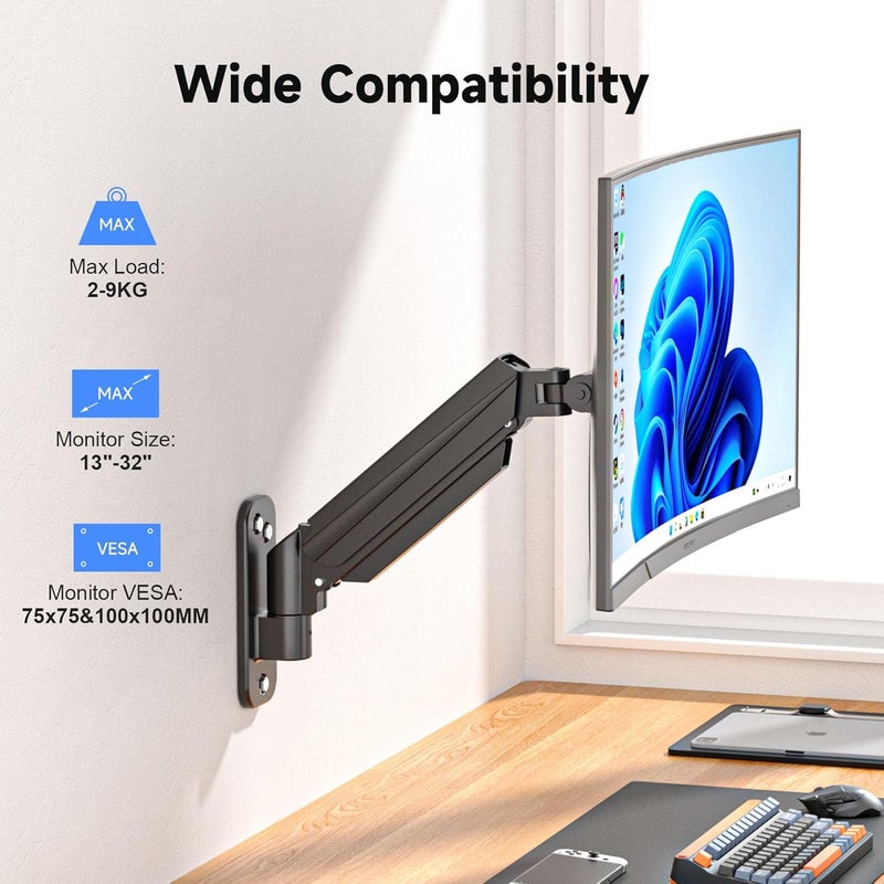 سوبتيكس حامل شاشة سوبتيك للجدار للشاشات LED/LCD/TV مقاس 13-32 بوصة حتى 9 كجم، حامل شاشة مزود بنابض غاز قابل للتعديل بالكامل، قابل لضبط الارتفاع، والميل، والدوران، والاستدارة، VESA 75/100، WM011 - Image 2