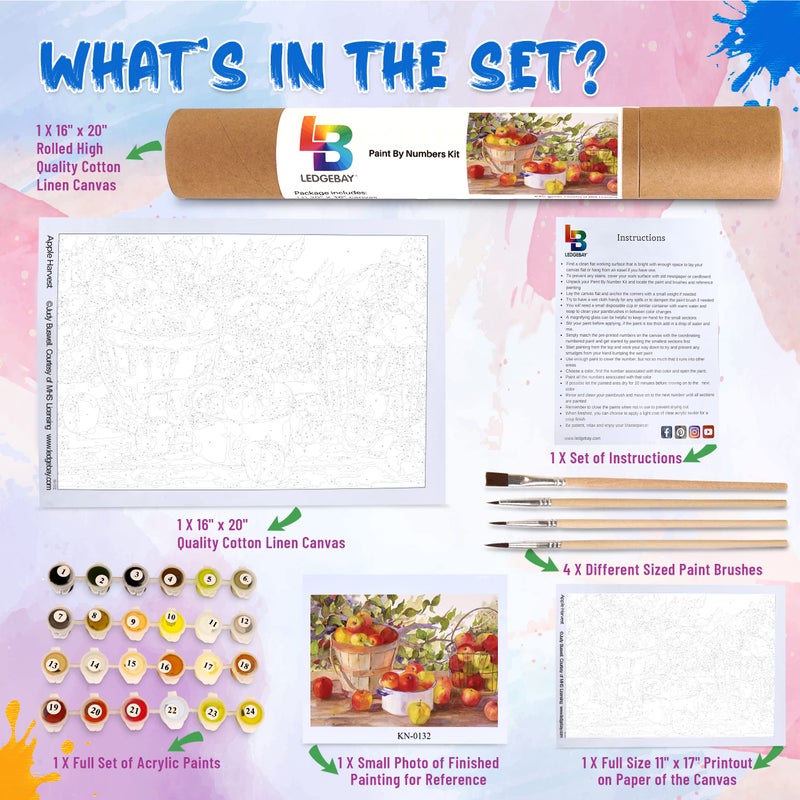 Ledgebay DIY Paint by Numbers Kit for Adults Unframed Canvas: Beginner to Advanced Paint by Numbers Kit - Kits Include Acrylic Paint set 4 Brushes & Tabletop Easel - (Apple Harvest 16" x 20" Unframed) - Image 3