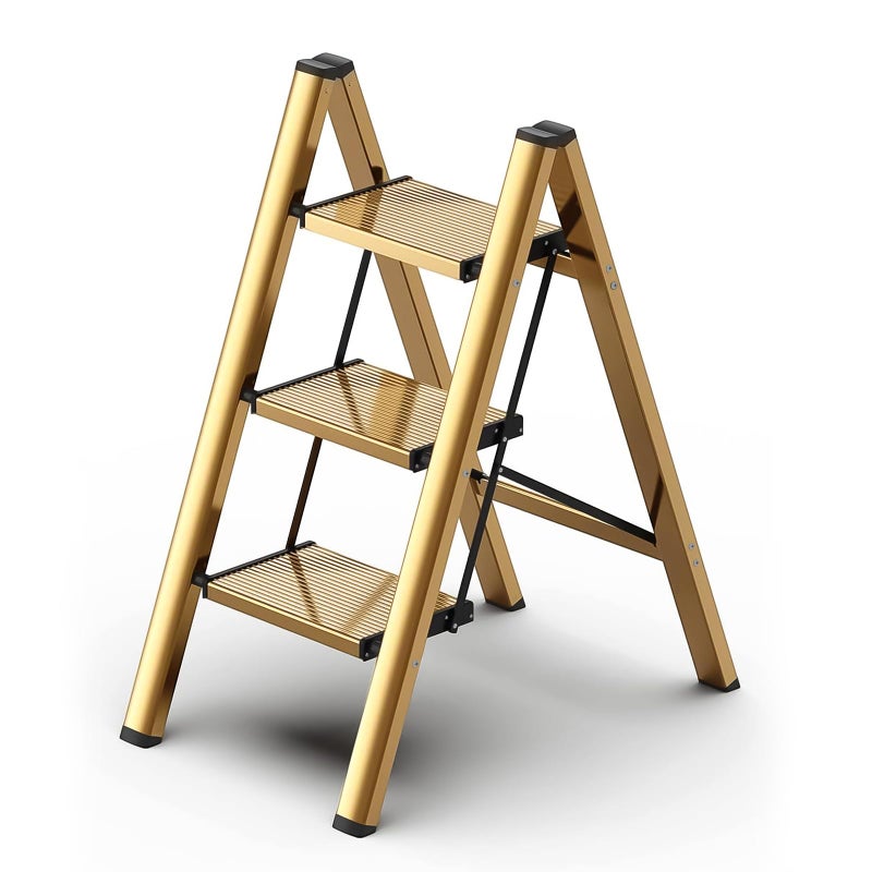 hismocal Foldable 3 Step Stool for Closet/Kitchen-Aluminium Gold Step Ladder Stools, Folding 330lbs Lightweight Ladders with Anti-Slip Wide Pedal, Portable Kids/Adults - Image 1