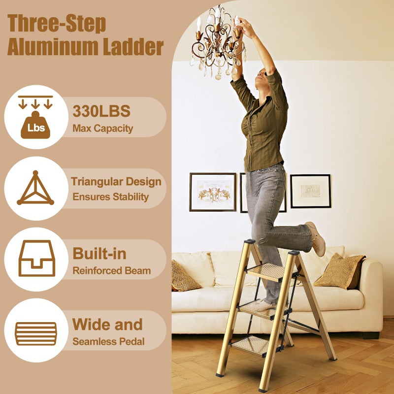 hismocal Foldable 3 Step Stool for Closet/Kitchen-Aluminium Gold Step Ladder Stools, Folding 330lbs Lightweight Ladders with Anti-Slip Wide Pedal, Portable Kids/Adults - Image 2
