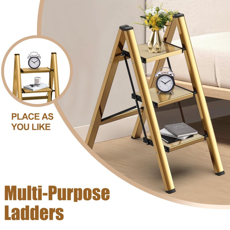 hismocal Foldable 3 Step Stool for Closet/Kitchen-Aluminium Gold Step Ladder Stools, Folding 330lbs Lightweight Ladders with Anti-Slip Wide Pedal, Portable Kids/Adults - Image 3
