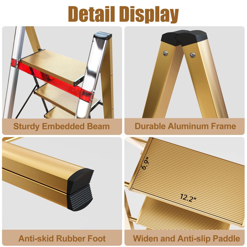 hismocal Foldable 3 Step Stool for Closet/Kitchen-Aluminium Gold Step Ladder Stools, Folding 330lbs Lightweight Ladders with Anti-Slip Wide Pedal, Portable Kids/Adults - Image 5