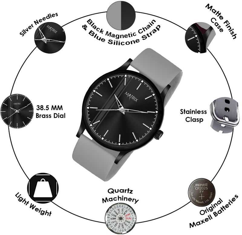 Matrix Swap Analog Black Dial Watch with Interchangeable Straps for Men & Boys (Black Chain & Grey, 22 Mm, 22 Mm) - Image 3