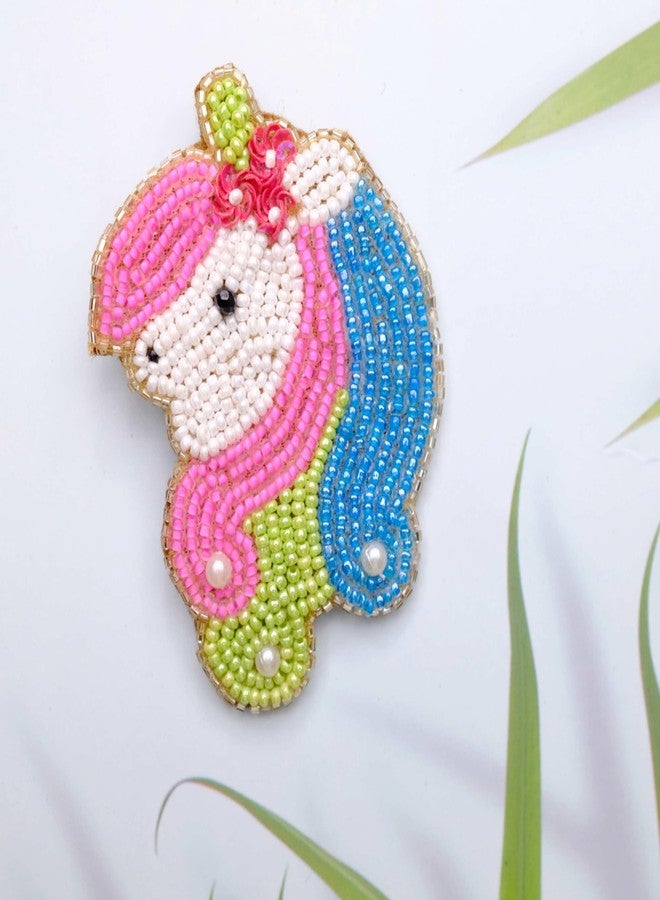 Abeo Handcrafted Beaded Unicorn Brooch, Pink, Green and Sky Blue, 5-6 cm, Traditional Embroidery - Image 3