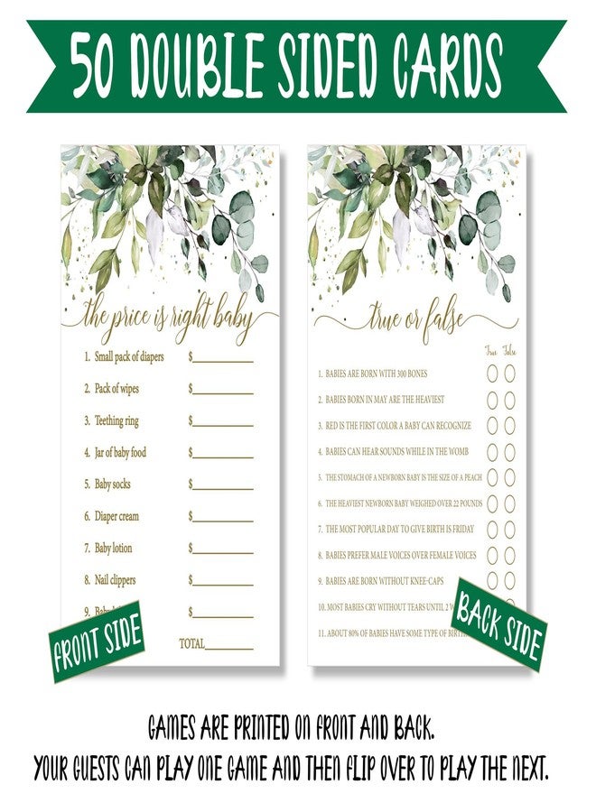 All-Ewired-Up All Ewired Up Baby Shower Games Gender Neutral, 50 Price is Right, 50 True or False Trivia, Greenery Sage Eucalyptus, 2 Games Double Sided Gender Reveal Games for Guests, Baby Shower Party Supplies - Image 3