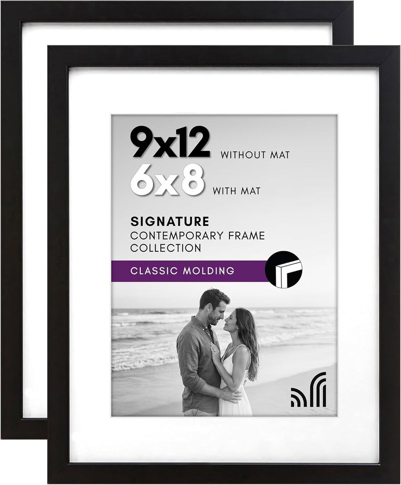 Americanflat 9x12 Picture Frame in Black - Displays 6x8 With Mat and 9x12 Without Mat - Composite Wood with Shatter Resistant Glass - Horizontal and Vertical Formats for Wall (2-Pack) - Image 1