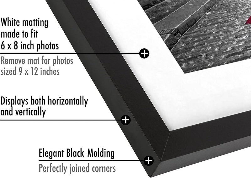 Americanflat 9x12 Picture Frame in Black - Displays 6x8 With Mat and 9x12 Without Mat - Composite Wood with Shatter Resistant Glass - Horizontal and Vertical Formats for Wall (2-Pack) - Image 3