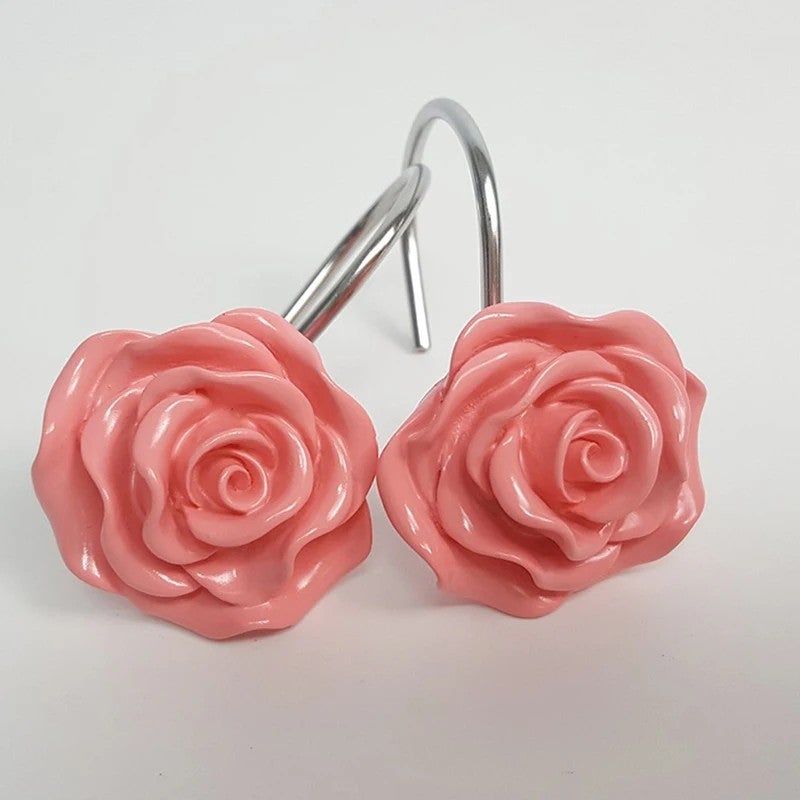 Y&D 12 PCS Rose Shower Curtain Hooks, Anti-Rust Decorative Shower Curtain Rings for Home Fashion Bathroom Decor - Image 1