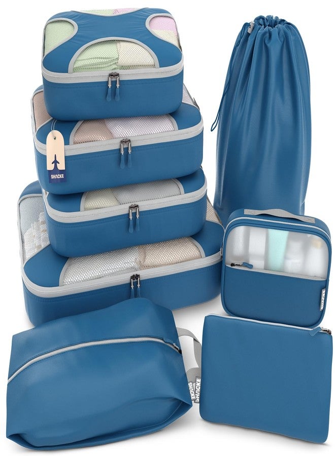 Shacke Premium 8 Packing Cubes Set - Lightweight Mesh Travel Luggage Organizers with Laundry Bag, 8-Piece Suitcase Storage System (Navy) - Image 1