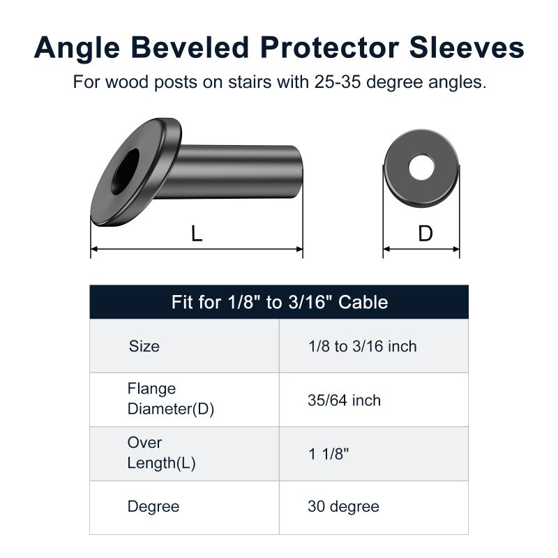 BLIKA 40 Pack 25 30 35 Degree Black Cable Railing Angle Beveled Protector Sleeves for 1/8" 5/32" 3/16", T316 Stainless Steel, Angle Protector Sleeves Stair Cable Railing Hardware Kit for Wood Posts - Image 2