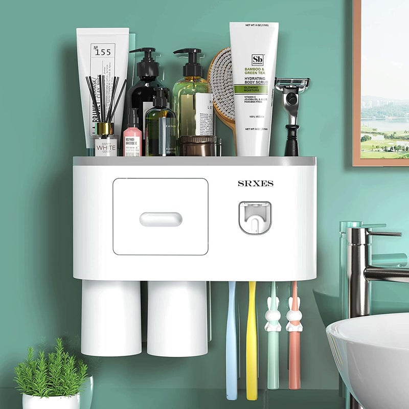 SRXES Acrylonitrilebutadienestyrene Toothbrush Holders For Bathroom, Toothbrush Holder Wall Mounted, Toothpaste Dispenser (2 Cup, White) - Image 1