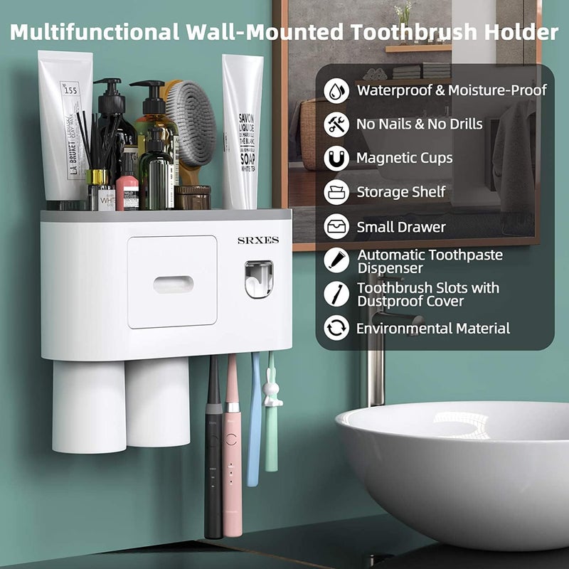 SRXES Acrylonitrilebutadienestyrene Toothbrush Holders For Bathroom, Toothbrush Holder Wall Mounted, Toothpaste Dispenser (2 Cup, White) - Image 2