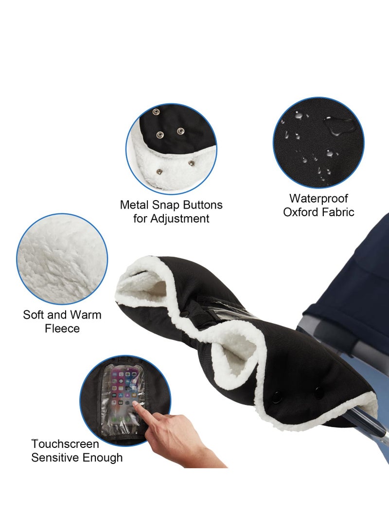 Universal Baby Stroller Gloves Thick Warm Mittens with Touch Screen Bag for Cold Weather Water Resistant Black - Image 2