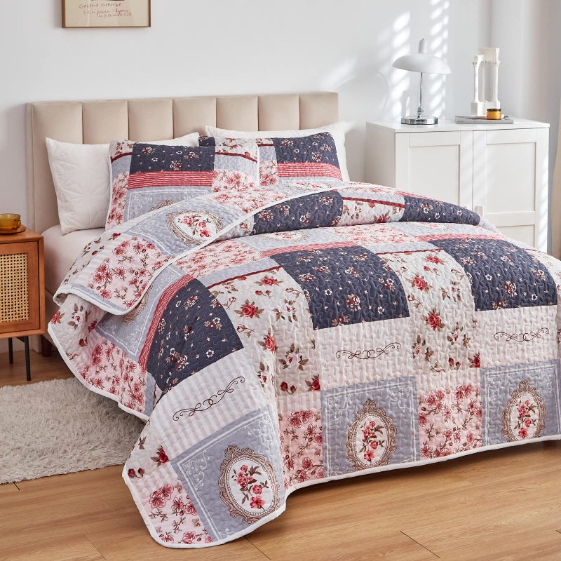 Flysheep Patchwork Quilt Set Full/Queen Size, 3 Pieces Pink Purple Floral Plaid Summer Bedspread Coverlet Set, Soft Microfiber Lightweight Bed Cover for All Season (90" x 90", 1 Quilt+ 2 Pillow Shams) - Image 2