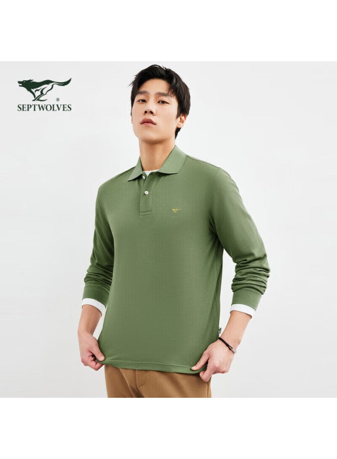Septwolves Men's Long Sleeve Polo Shirt With Collar, Pure Cotton, Colorful Small Wolf Logo, Business Casual Breathable Polo Top For Men - Image 1