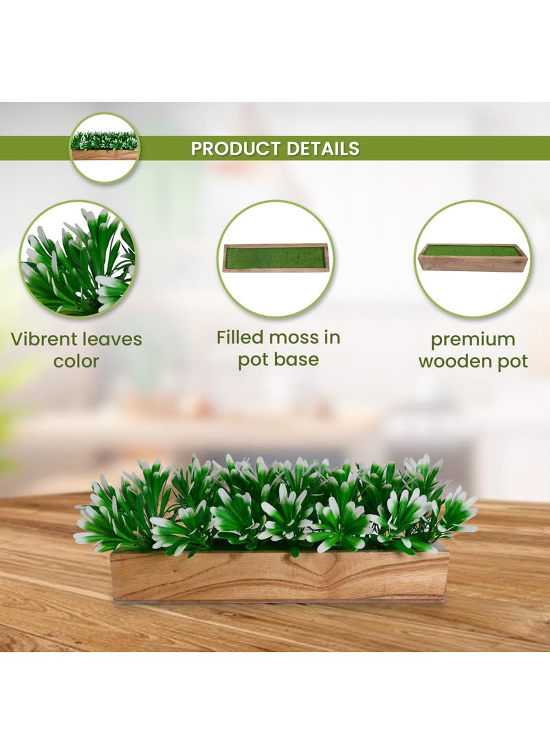 fancymart fancymart Artificial Plant Leaves in a Stylish Wooden Planter Perfect Home Dcor Item Height 14cm x Width 30 cm  - Image 3