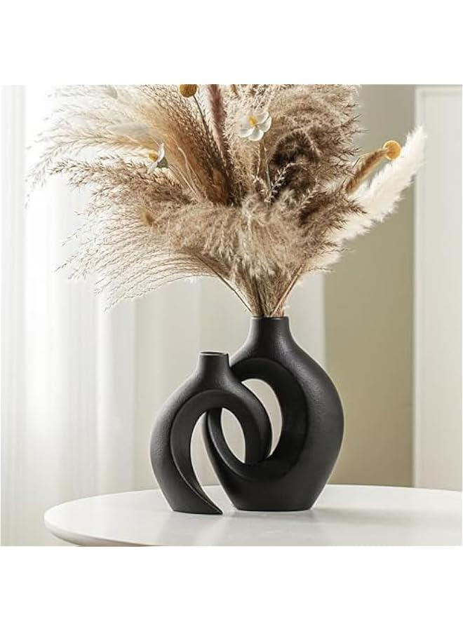 HOOKOR Ceramic Vase Set of 2, Nordic Modern Boho ins Style Decorative Ceramic Aesthetic Flower Vase for Home Decor (Black)  - Image 1