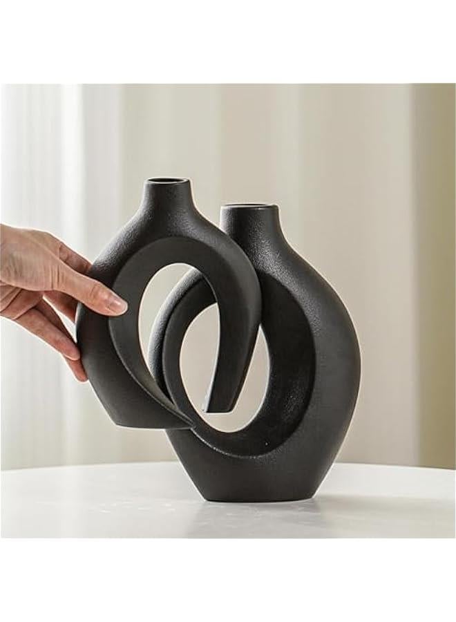HOOKOR Ceramic Vase Set of 2, Nordic Modern Boho ins Style Decorative Ceramic Aesthetic Flower Vase for Home Decor (Black)  - Image 2