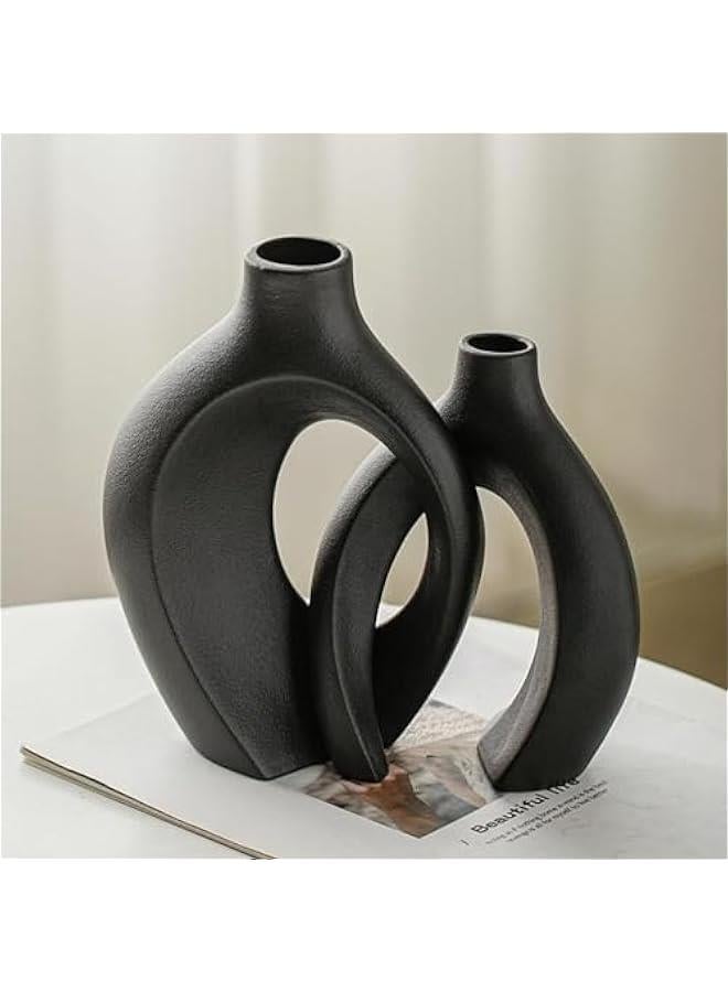 HOOKOR Ceramic Vase Set of 2, Nordic Modern Boho ins Style Decorative Ceramic Aesthetic Flower Vase for Home Decor (Black)  - Image 5
