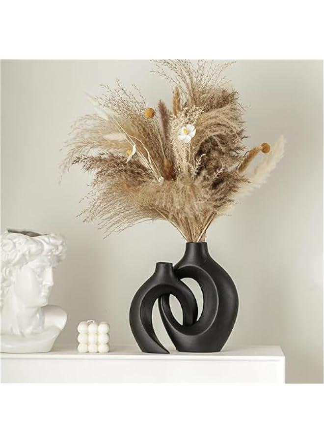 HOOKOR Ceramic Vase Set of 2, Nordic Modern Boho ins Style Decorative Ceramic Aesthetic Flower Vase for Home Decor (Black)  - Image 4