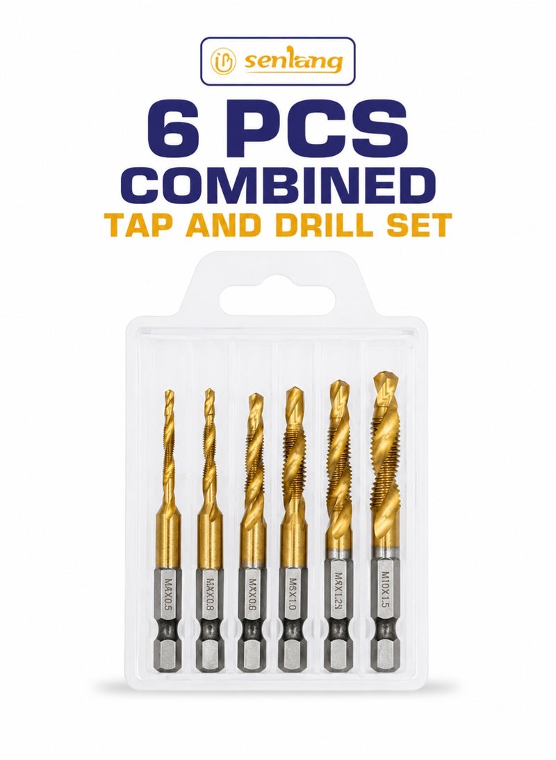 Senbang 6 Pcs HSS Combined Tap and Drill Bit Set M3 M4 M5 M6 M8 M10 Titanium Coated 1/4 Inch Hex Shank Drill Tap Bits, 2 in 1 Threading and Drilling Tool Kit for Metal Wood Plastic Aluminum Copper DIY Repair Power Drill Accessories - Image 1