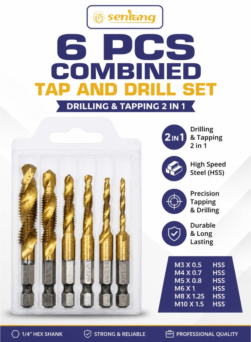 Senbang 6 Pcs HSS Combined Tap and Drill Bit Set M3 M4 M5 M6 M8 M10 Titanium Coated 1/4 Inch Hex Shank Drill Tap Bits, 2 in 1 Threading and Drilling Tool Kit for Metal Wood Plastic Aluminum Copper DIY Repair Power Drill Accessories - Image 2